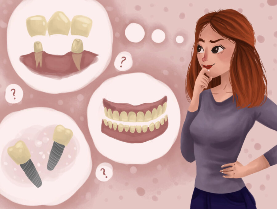 woman comparing dental implant, dental bridges, and dentures for tooth replacement